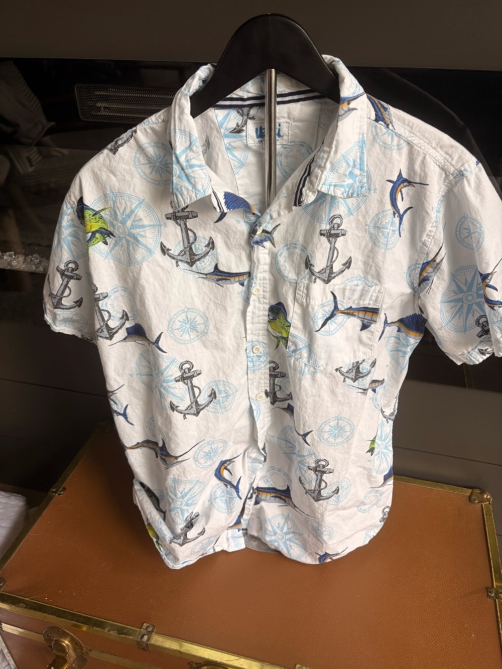 Men's White Nautical Anchor & Fish Print Short-Sleeve Button-Down Shirt